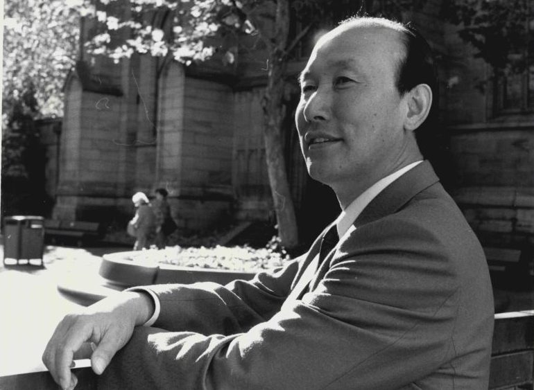 Portraits of Pastor Yonggi Cho, Korean Pentecostal Minister Visiting Sydney. Pictured in Sydney Square, near St Andrew's Church.