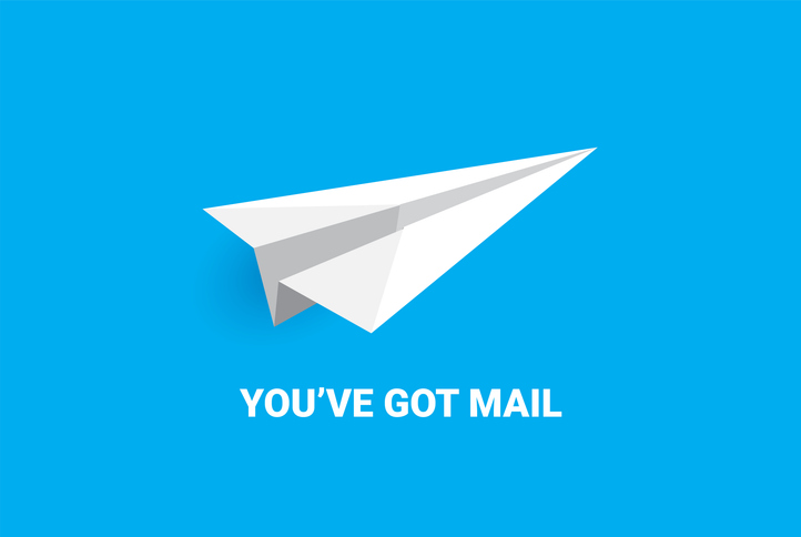 Paper airplane and You've got message writing as indicator of getting a text or an email. Vector illustration.