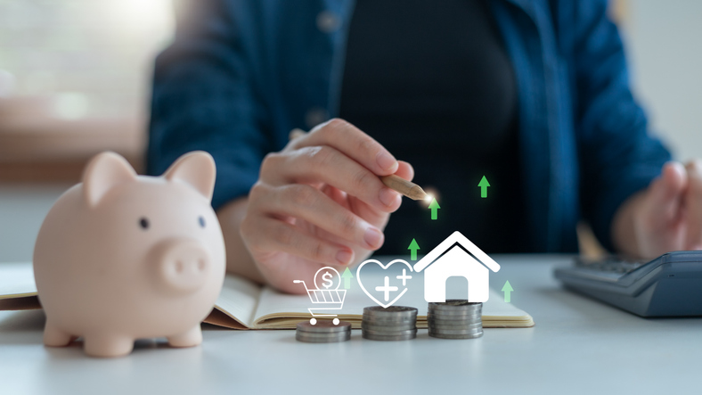 Financial planning concept with a piggy bank and coins stack, a woman saving money for house, health, and shopping goals, budget management idea.