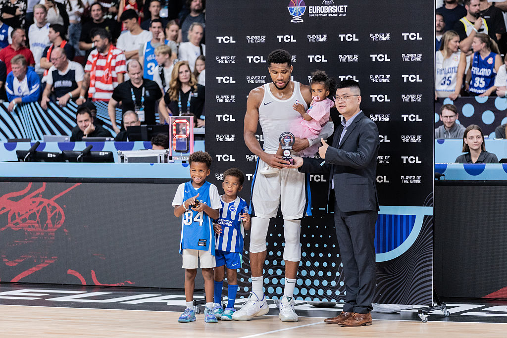 Giannis Antetokounmpo of Greece seen after the third place...