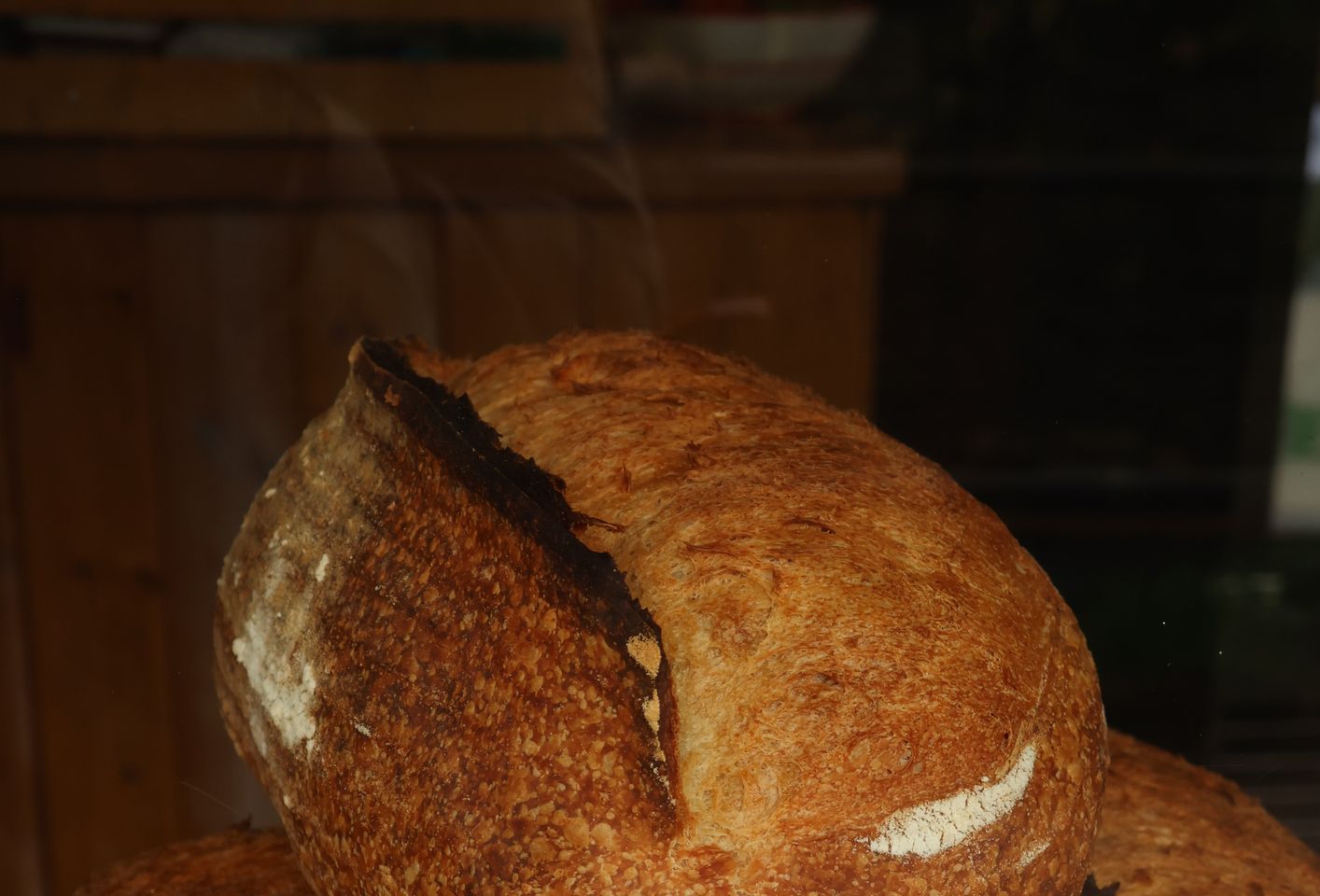 Sourdough bread loaves with crusty brown texture arranged in a bakery display window, highlighting fresh artisan baking