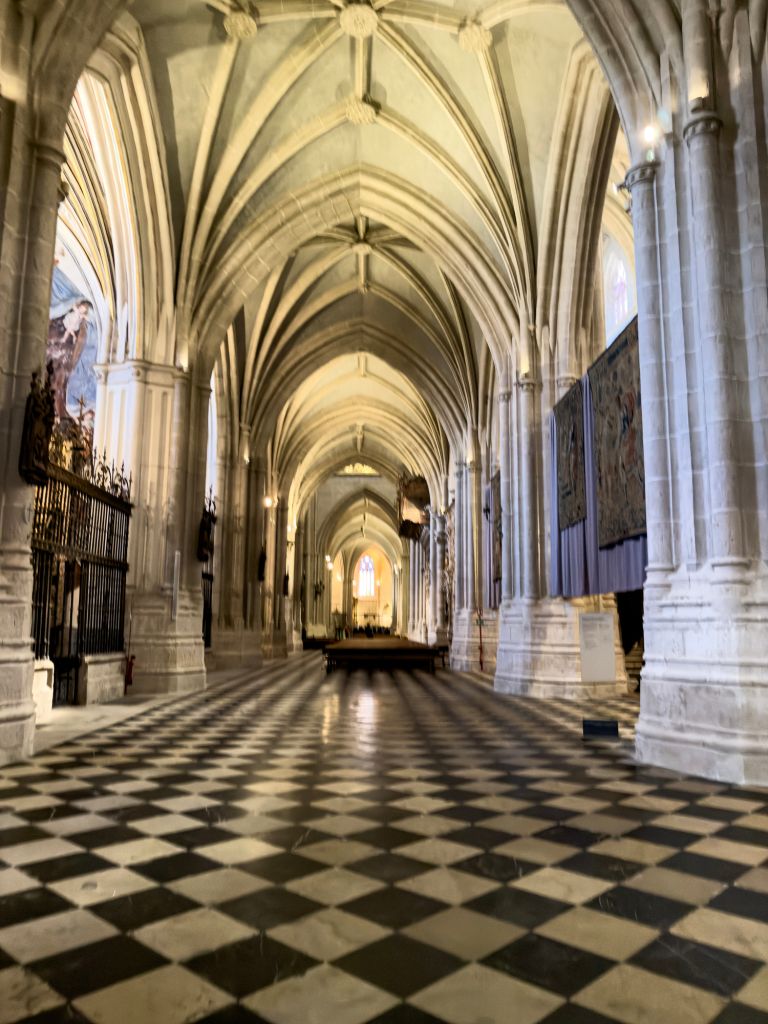 North side aisle of the Cathedral of San Antolin in Palencia with ribbed vaults and checkered floor