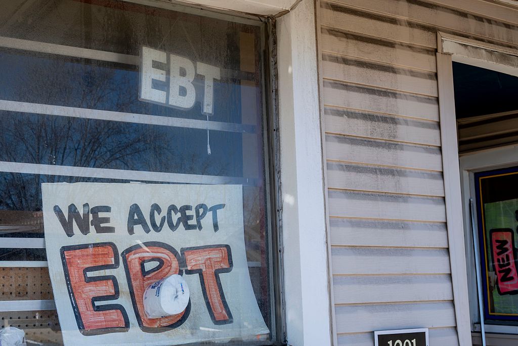 EBT sign in the window of a small local neighborhood grocery store in Minnesota