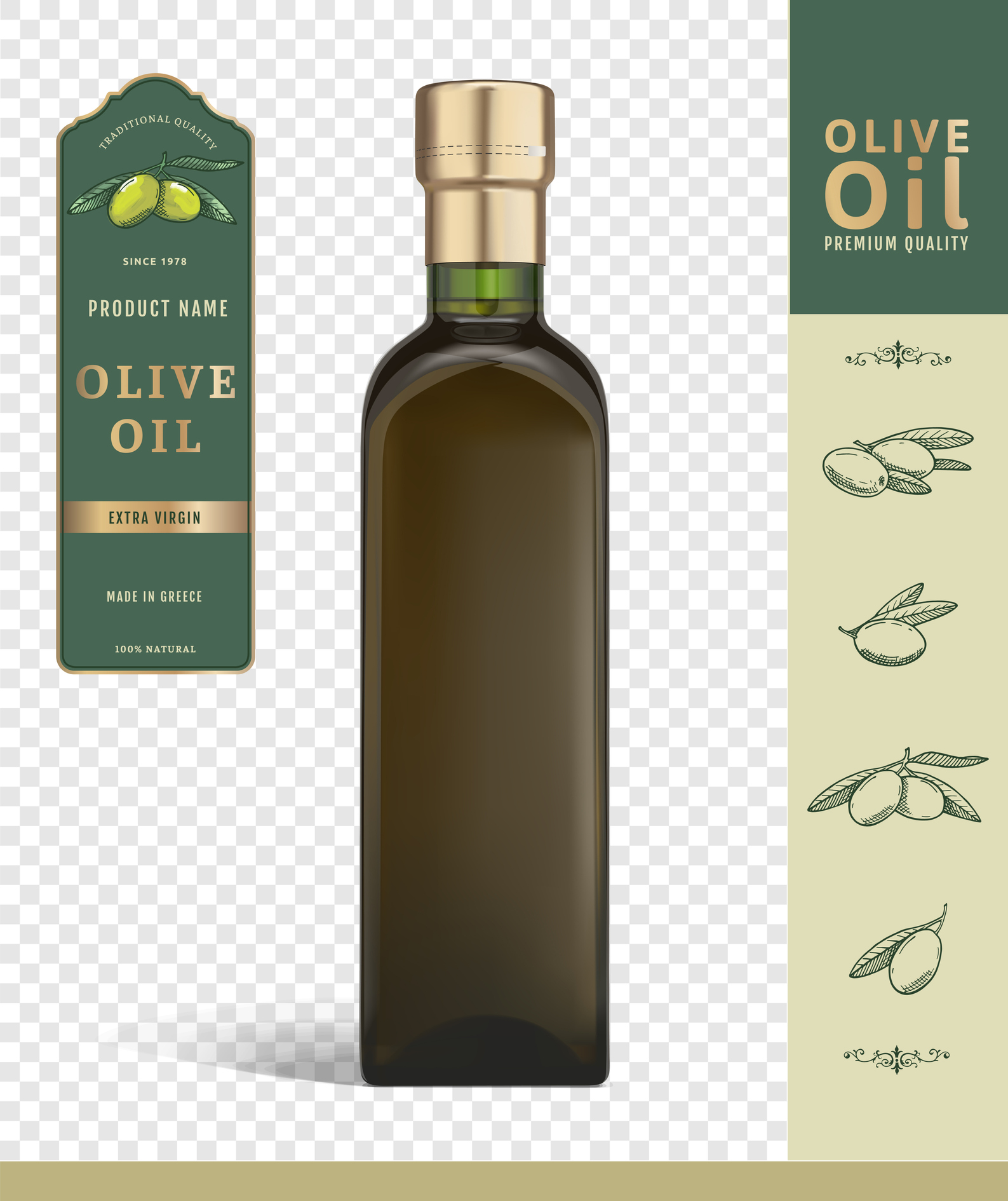 Olive Extra Virgin Oil 3D bottle isolated on white background. Vegetarian organic food. Vector Illustration.