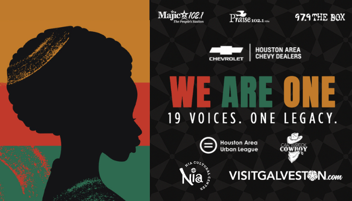 Silhouette of a person with an afro hairstyle against an orange and green background. Text overlay reads "WE ARE ONE 19 VOICES. ONE LEGACY." with logos for Houston Area Chevrolet Dealers, Visitgalveston.com, and other organizations.
