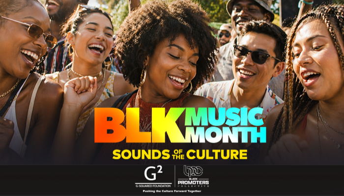 A group of smiling, laughing people of diverse backgrounds celebrating Black Music Month, with the text "BLK MUSIC MONTH Sounds of the Culture" prominently displayed.