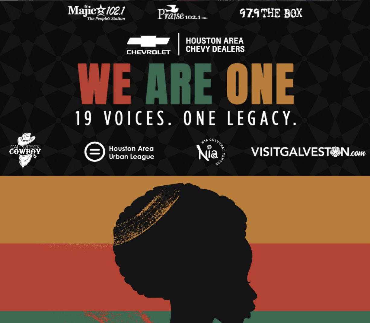 A graphic featuring the text "WE ARE ONE 19 VOICES. ONE LEGACY." with logos for Houston Area Chevy Dealers, Houston Area Urban League, Nia Open, and Visitgalveston.com.