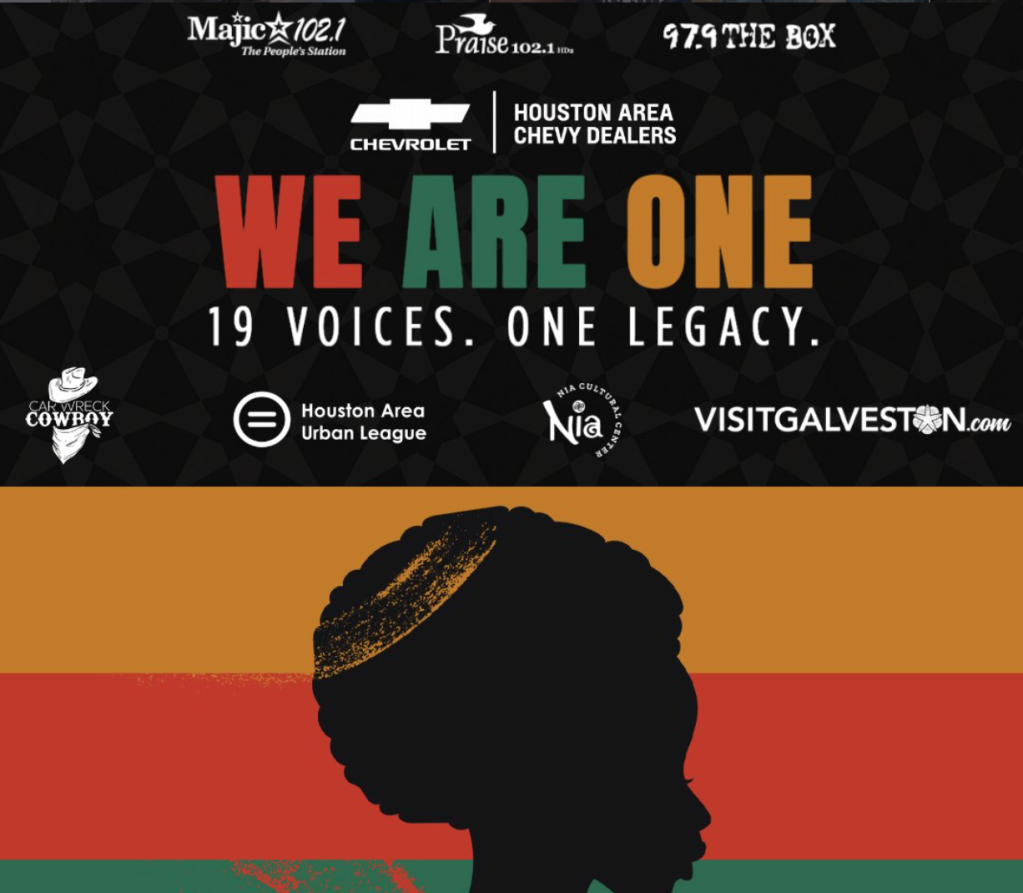 A graphic featuring the text "WE ARE ONE 19 VOICES. ONE LEGACY." with logos for Houston Area Chevy Dealers, Houston Area Urban League, Nia Open, and Visitgalveston.com.
