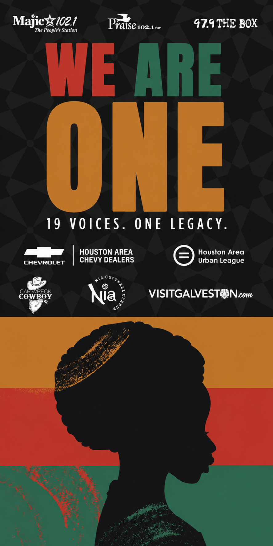 A silhouetted profile of a person with an afro hairstyle against a black and orange background. Text reads "WE ARE ONE 19 VOICES. ONE LEGACY." with logos for various Houston-area organizations.
