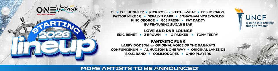 One Voyage music festival poster featuring lineup of artists performing in 2026, including T.I., D.L. Hughley, Rick Ross, Keith Sweat, DJ Kid Capri, and more.