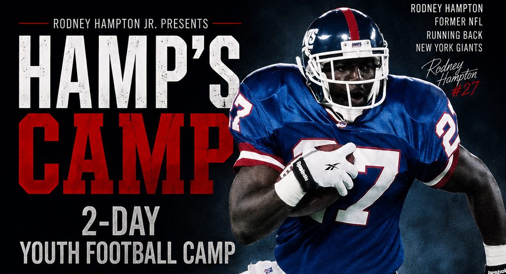 Rodney Hampton, former NFL running back for the New York Giants, promoting a 2-day youth football camp on July 30-31 at Kashmere High School in Houston, TX.
