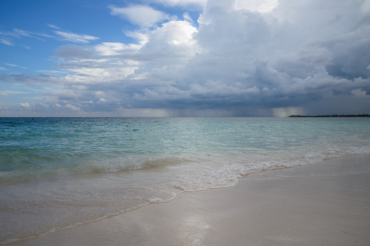 Panoramic view of crystal clear water gently breaking on sand
